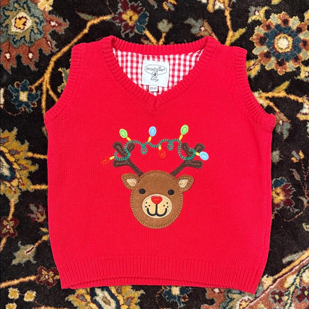 Mud Pie Red Knit Vest with Reindeer Design